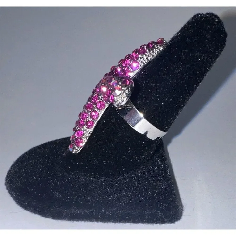 Neon Fuchsia Pink Crystal Starfish Adjustable Ring Ocean Theme